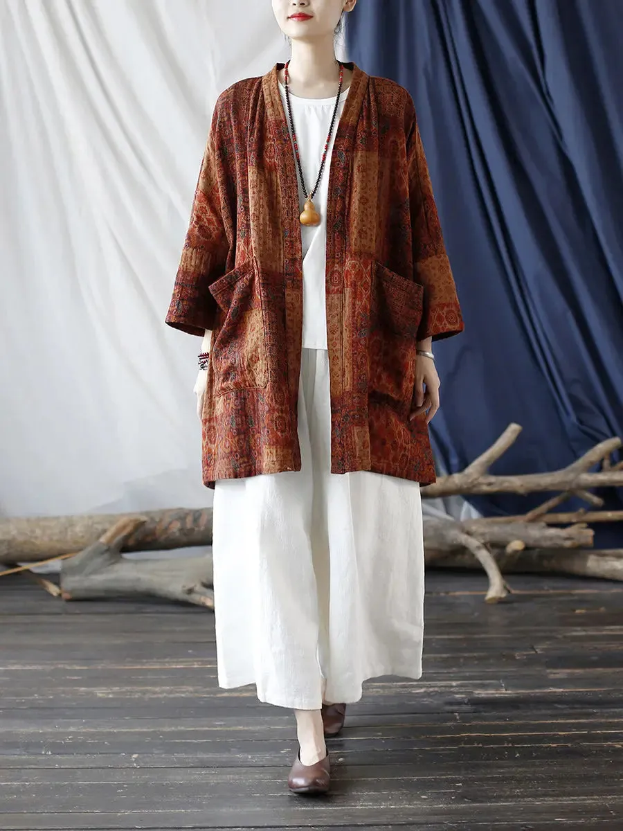 Women Ethnic Pocket Print Loose Coat