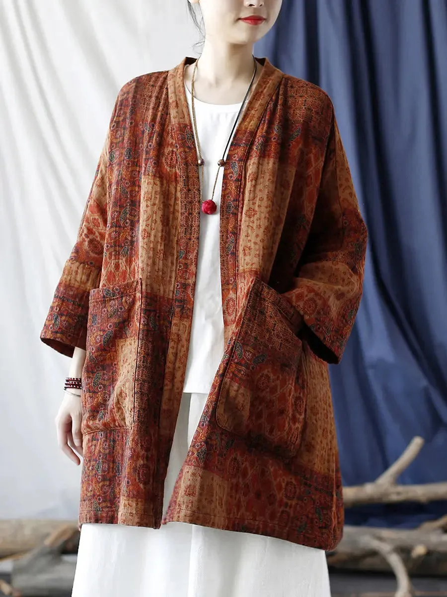 Women Ethnic Pocket Print Loose Coat