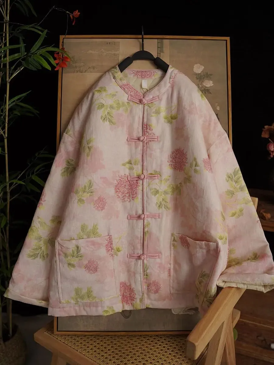 Women Flower Pink Linen Coat