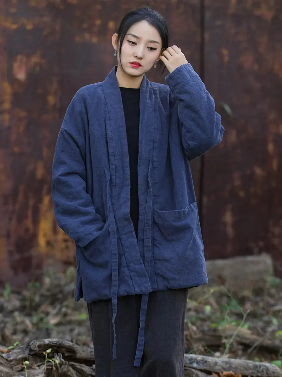 Women Solid Drawstring Cotton Padded Coat