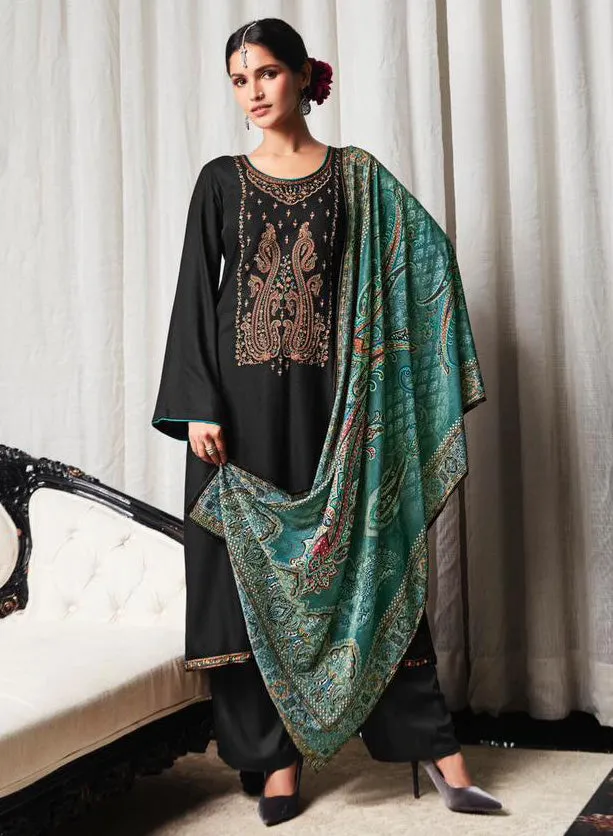 Women's Pashmina Black Unstitched Winter Suit with Velvet Dupatta