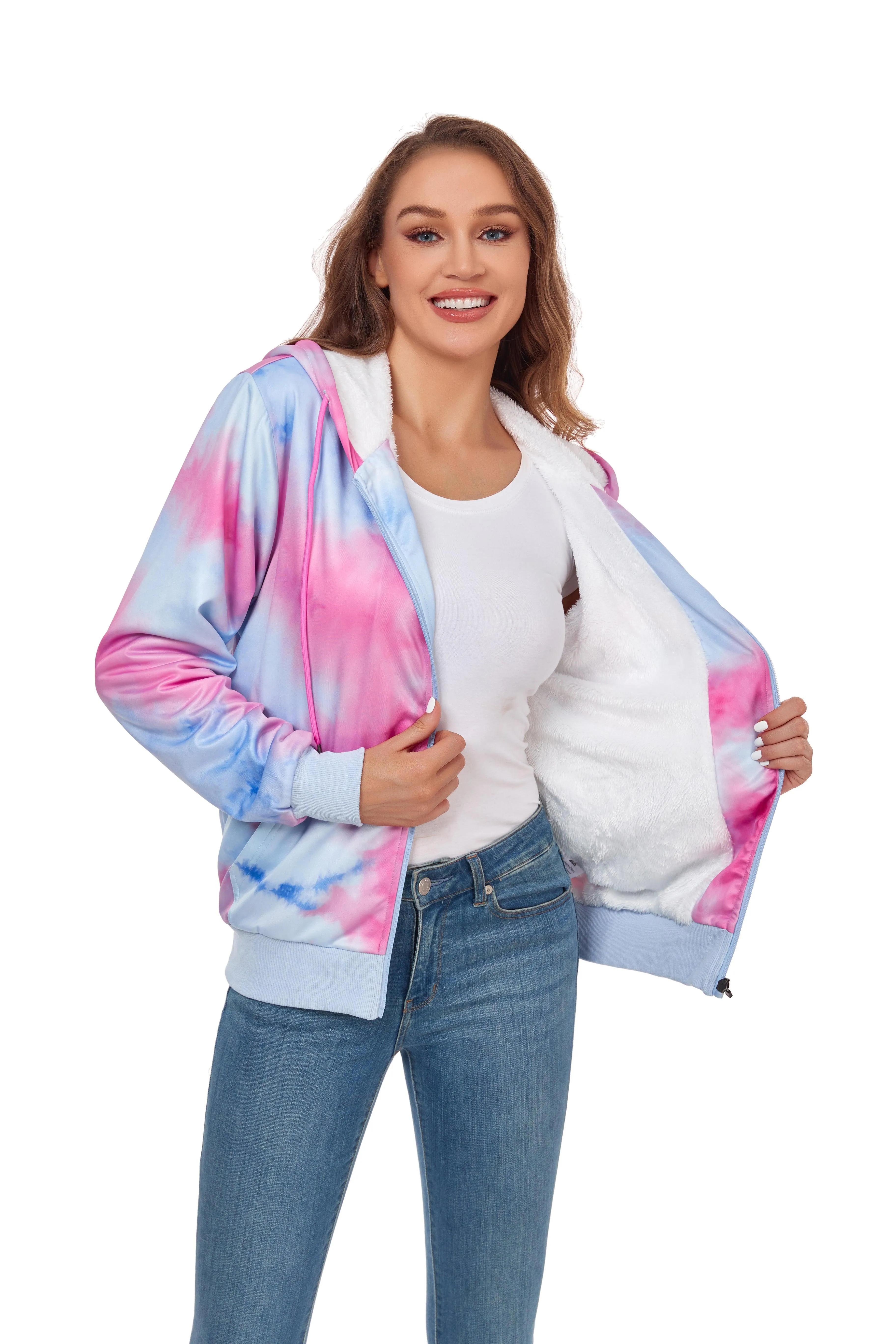 Women's Zipper Fleece Sherpa Lined Hoodie-ZPK006159