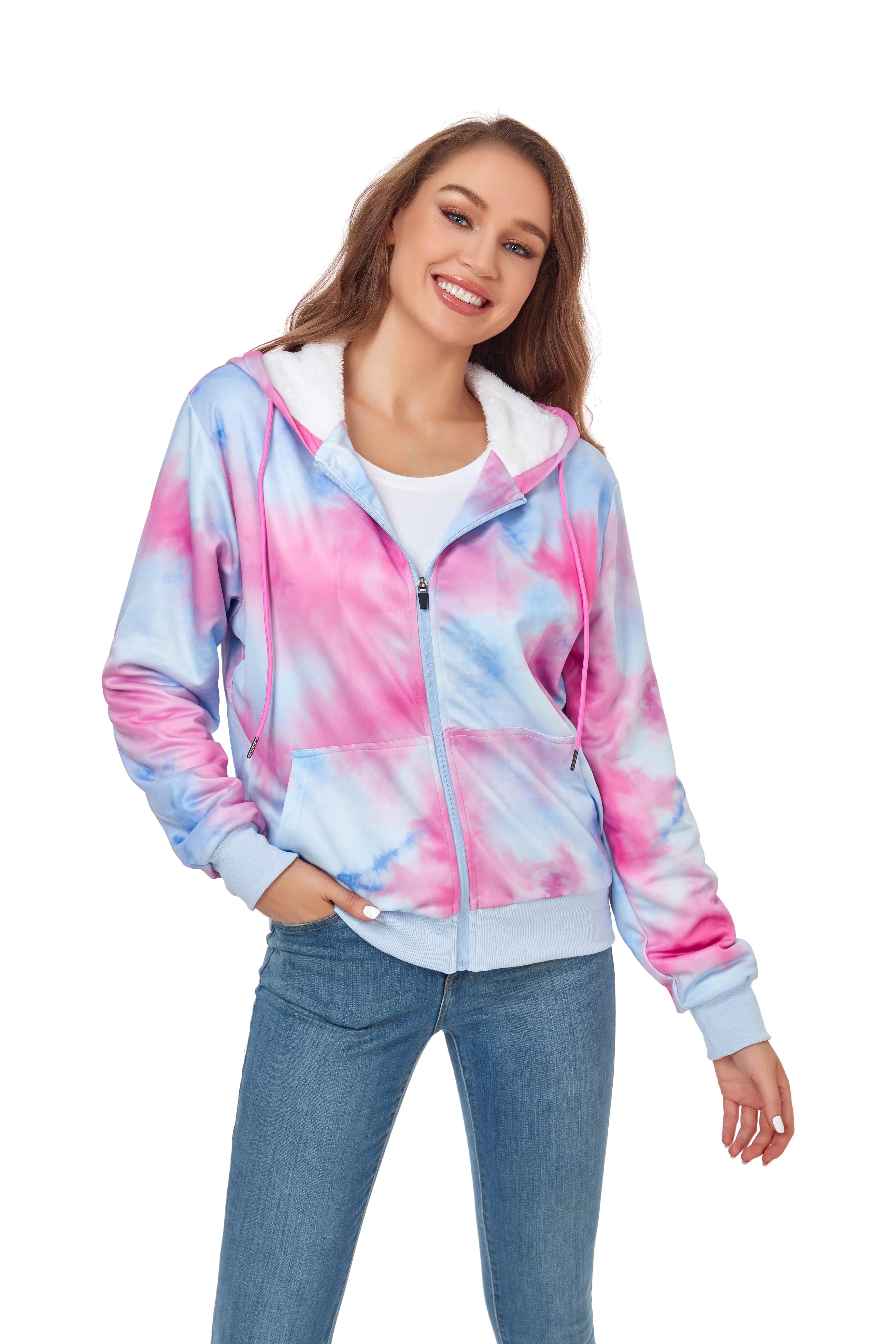 Women's Zipper Fleece Sherpa Lined Hoodie-ZPK006159