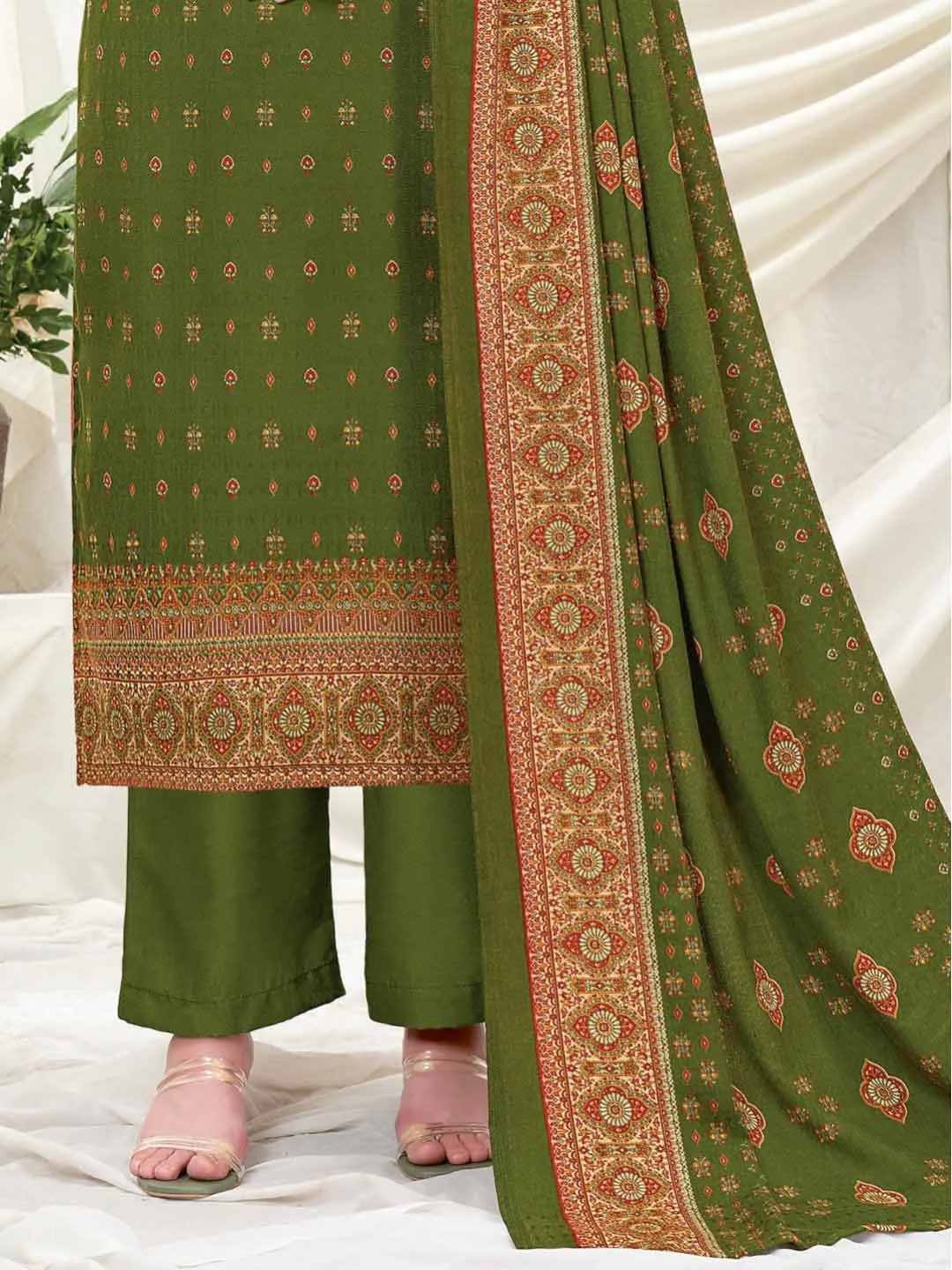 Wool Pashmina Mehandi Green Printed Unstitched Suit Set